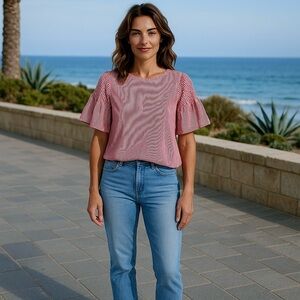 EUC VINEYARD VINES RED STRIPED SHORT BELL SLEEVE SMOCKED DETAIL BLOUSE•S/XXS